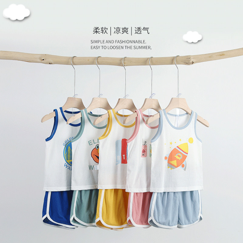 纯棉休闲薄儿童宝宝夏季字母印花背心短裤男女童无袖T恤运动套装