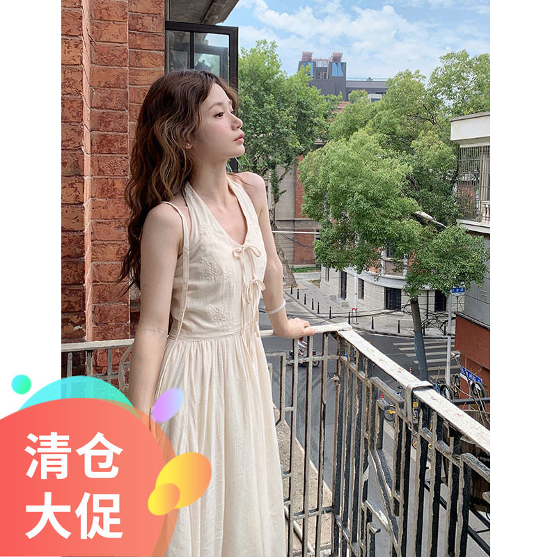【孤品秒杀清仓】浪漫慵懒刺绣拼接挂脖绑带连衣裙中长裙夏季新品