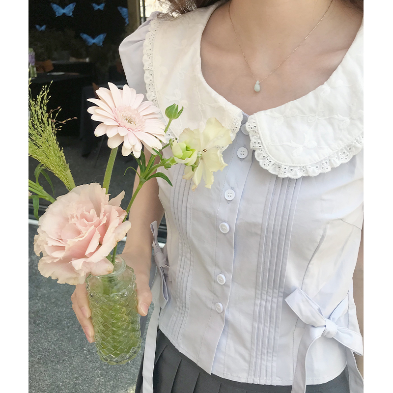 芒岁收腰衬衫学院风设计感上衣修身短袖浅蓝色衬衣2024年夏季新品