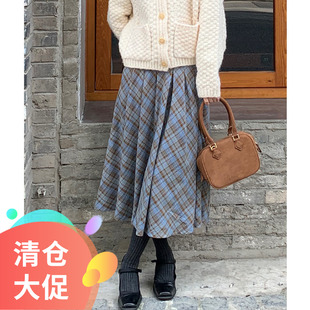 【特价清仓】法式复古呢子蓝绿格纹半身裙气质小个子中长半裙秋冬