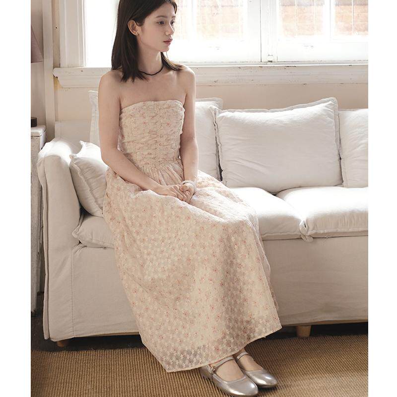 法式小众复古碎花抹胸连衣裙甜美长裙提花吊带裙2025年春夏新品