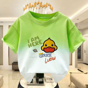 纯棉渐变色短袖 T恤男女童百搭宽松显瘦黄鸭子卡通印花减龄上衣潮