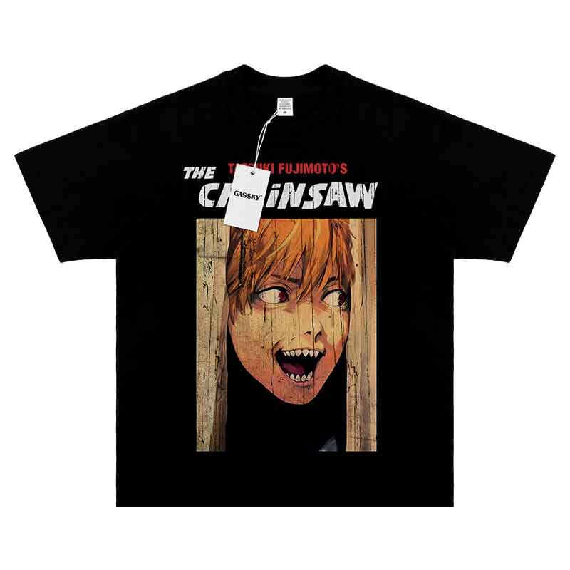 thumbnail for Gassky Chainsaw Man Denji Anime Print Short Sleeve American Vintage Wash Distressed Vintage High Street T-Shirt Men