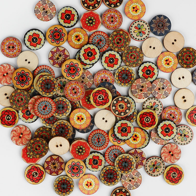 原木民族风纽扣彩绘手工diy木质装饰材料个性圆形两孔木质扣子