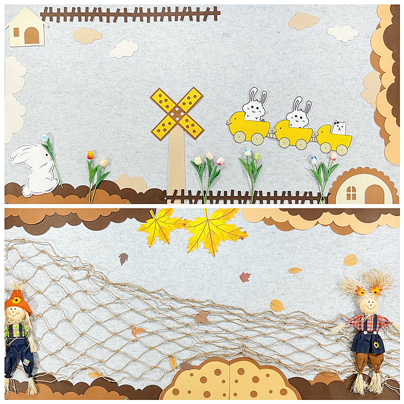 幼儿园主题墙秋天系列小学黑板报大尺寸主题墙咖色系落叶边框墙贴
