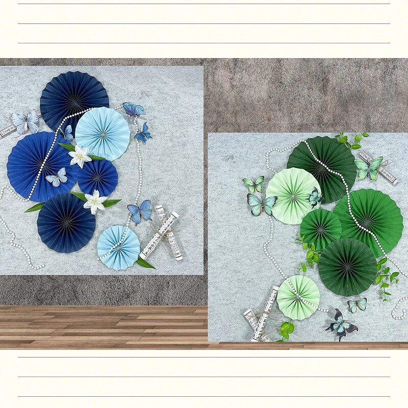 新中式蓝色绿色系扇花折扇国风圆形花朵纸扇装饰布置教室屋顶吊饰