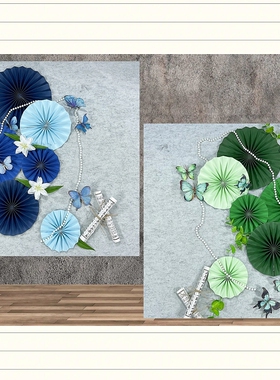 新中式蓝色绿色系扇花折扇国风圆形花朵纸扇装饰布置教室屋顶吊饰