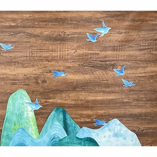 新中式国风小学黑板报水墨渐变山鸟集主题墙毛毡材料墙贴装饰壁饰