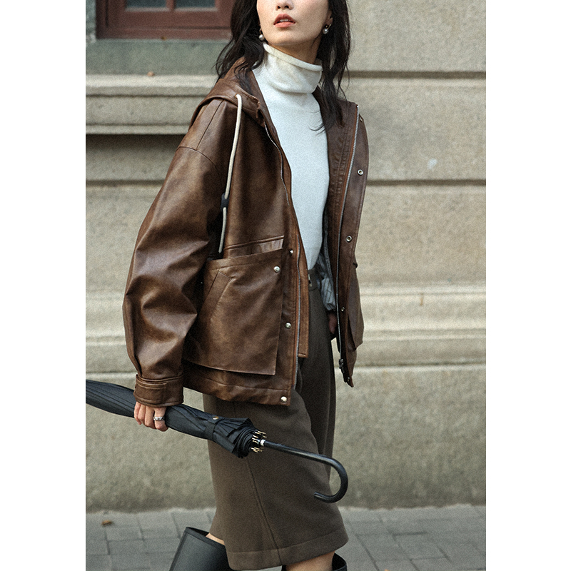 无拘修身街头法式连帽皮衣外套