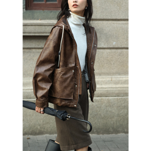咖色短款 街头PU修身 拉链外套设计感通勤休闲连帽皮衣 新款 无拘春季