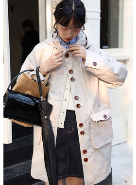 无拘2025新款春秋外套卡其色薄款百搭上衣小众设计感连帽长款风衣