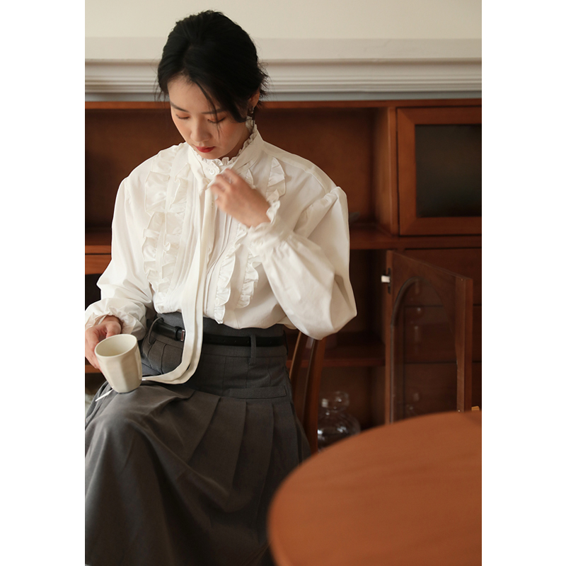 无拘宽松通勤长袖棉木耳边衬衫