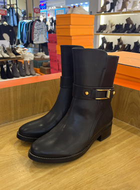 接吻猫冬款圆头牛皮低跟切尔西靴铆钉装饰女短靴女鞋KA55515-03