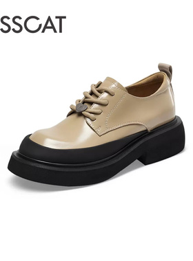 接吻猫小皮鞋2023春英伦风黑色单鞋牛皮JK厚底乐福鞋女KA43178-50