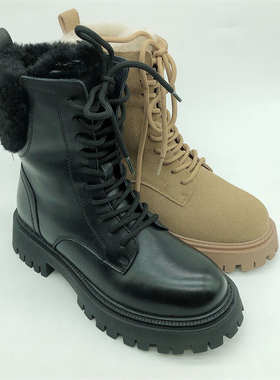 接吻猫2021冬季新款小围脖雪地靴加绒厚底中筒马丁靴女KA21877-50