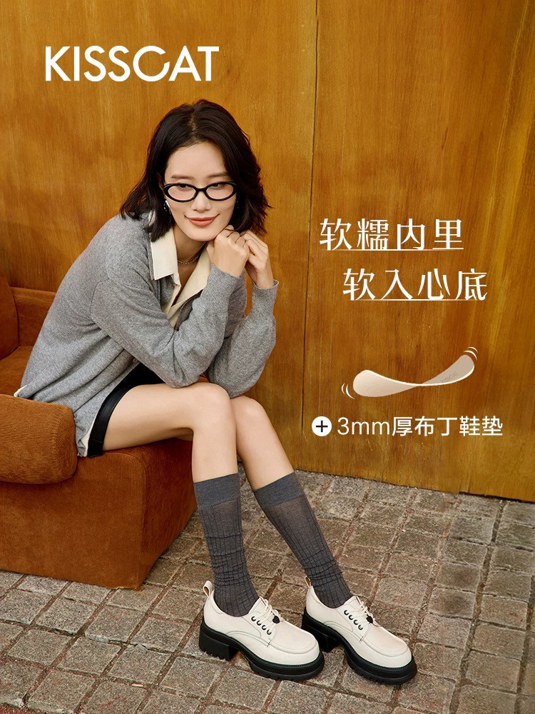 接吻猫厚底乐福鞋2024春季新款JK真皮英伦风松糕单鞋KA52191-51图片