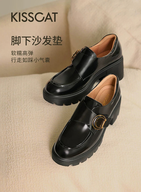 接吻猫2025春季新款英伦风孟克真皮牛皮厚底乐福鞋女鞋KA65113-50