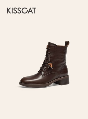 接吻猫[黑胶唱片]马丁靴2025秋复古真皮马丁靴时装靴女KA65701-53