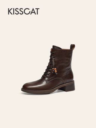 接吻猫[黑胶唱片]马丁靴2025秋复古真皮马丁靴时装靴女KA65701-53