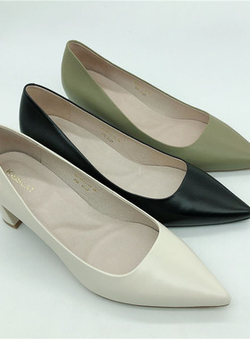 KISSCAT接吻猫2021春牛皮粗跟尖头浅口单鞋KA10111-16KA20111-16