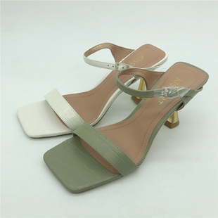 KA21320 牛皮休闲流行方头高跟压纹露趾复古凉鞋 接吻猫2021春季