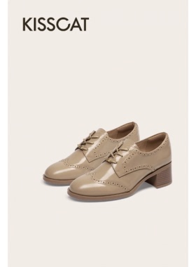 接吻猫2025春季系带深口小皮鞋复古德比鞋真皮乐福鞋女KA65153-10