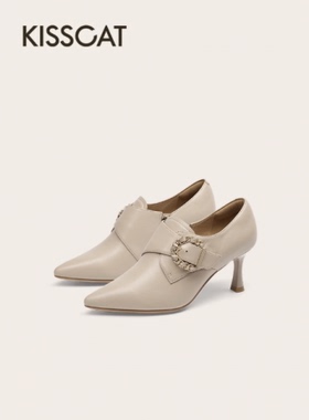 接吻猫2025春季新款牛皮复古皮鞋尖头高跟深口单鞋女KA65119-10