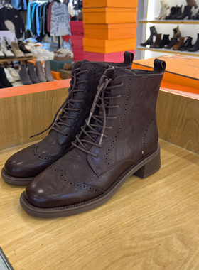 接吻猫2024冬季牛皮时尚百搭粗跟中跟女短靴子加绒里KA54883-12