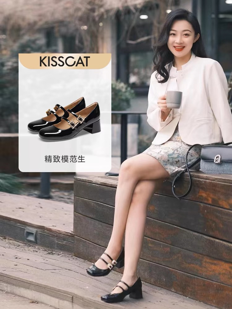 接吻猫2024春气质单鞋条带复古玛丽珍女气质粗跟单鞋KA54112-14图片