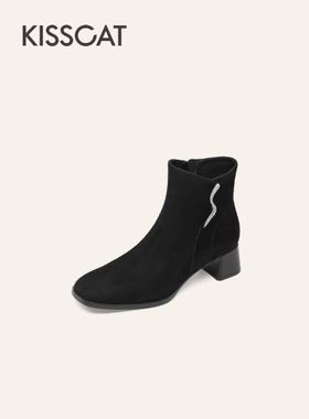 接吻猫粗跟靴2025冬新羊绒老钱棕色方头时装靴短靴女KA65720-11