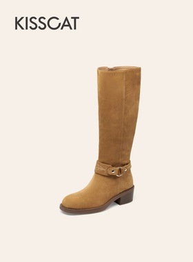 接吻猫长靴2025秋新棕色西部牛仔靴美拉德骑士靴女KA65726-52