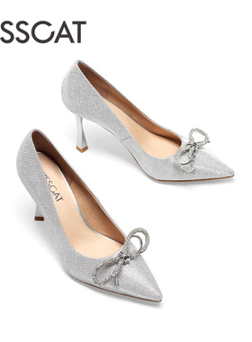 接吻猫2024春季新款水钻蝴蝶结高跟鞋尖头细跟单鞋女KA53116-82