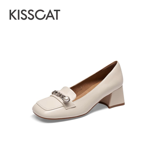 女KA54135 中跟办公通勤单鞋 接吻猫2024春羊皮乐福都市时装