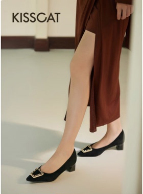 接吻猫2025春尖头饰扣高跟鞋黑色绒面粗跟浅口单鞋KA65122-12