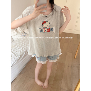 睡衣女款2026新款夏季短袖丝光棉糖果猫猫薄款短裤夏款套装家居服