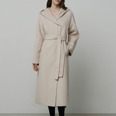 25年秋季新款韩版气质优雅时尚收腰显瘦中长款连帽羊绒手缝大衣