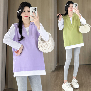 2024新款 时尚 长袖 孕妇装 上衣韩版 时髦套装 大码 连帽卫衣两件套 秋款