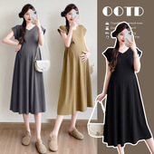 新款 孕妇裙韩版 时尚 2024夏季 宽松显瘦中长款 潮妈外出V领连衣裙夏