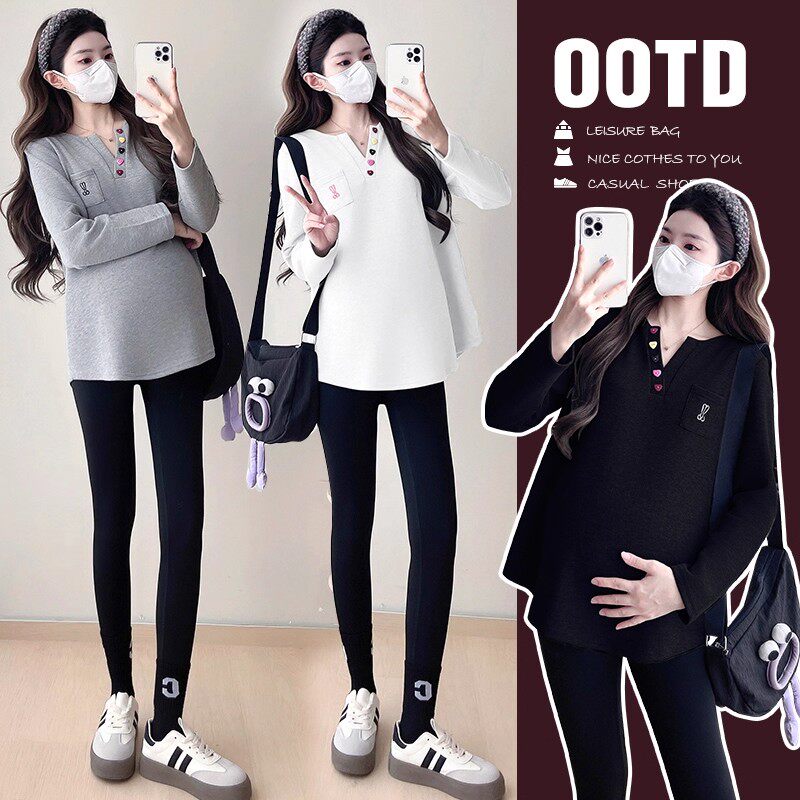 孕妇秋装卫衣2025春秋新款时尚V领长袖宽松显瘦百搭上衣大码T恤女