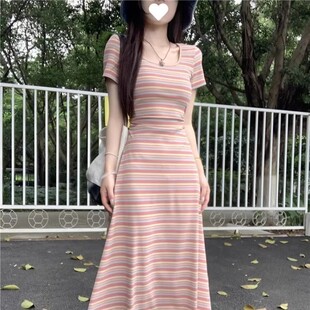 多巴胺高级感小众设计气质茶歇法式长裙年夏季彩虹条纹连衣裙夏装
