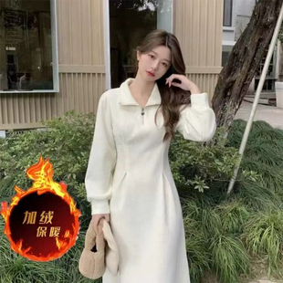 秋冬装新款温柔风气质收腰长袖加绒加厚连衣裙胖mm遮肚显瘦裙子女