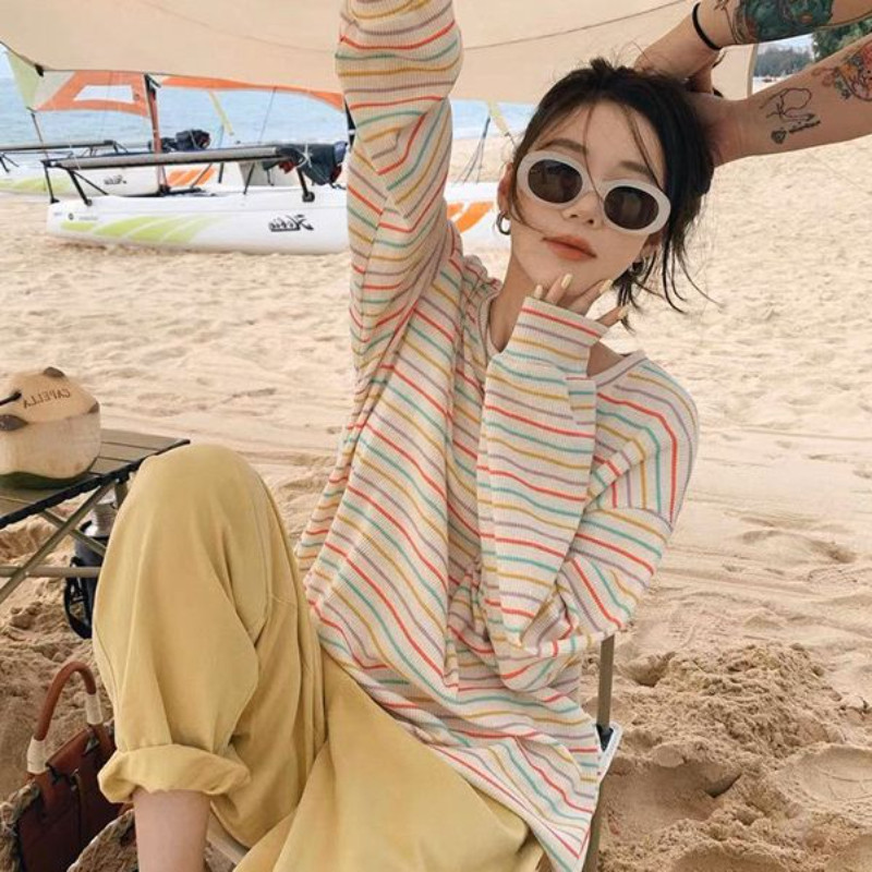 2025美式条纹宽松大码卫衣t恤女长袖薄款小个子长款上衣彩条卫衣
