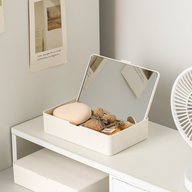 桌面台式折叠化妆镜ins少女心可爱学生宿舍小号便携镜子带收纳盒