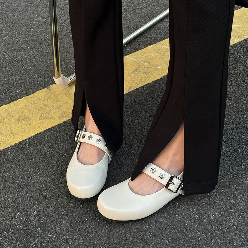 【徐紫茵同款】圆头浅口简约平底单鞋头层牛皮一字带通勤玛丽珍鞋