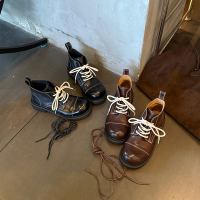 【小发喵】头层牛皮复古粗跟马丁靴女厚底增高短靴子百搭休闲靴子