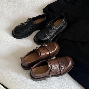 女头层牛皮双扣带雕花平底单鞋 复古英伦风布洛克乐福鞋 小发喵