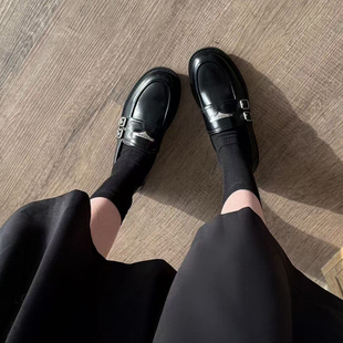 软底坡跟黑色乐福鞋 真皮厚底粗跟英伦风小皮鞋 休闲单鞋 小发喵