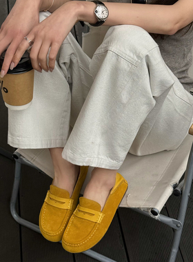 韩版反绒皮豆豆鞋女一脚蹬懒人鞋圆头浅口乐福鞋黄色