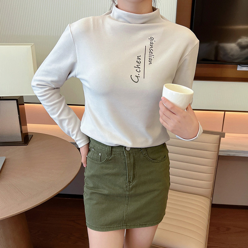 半高领印字母加厚打底衫女秋冬内搭长袖德绒修身加厚春上衣T恤