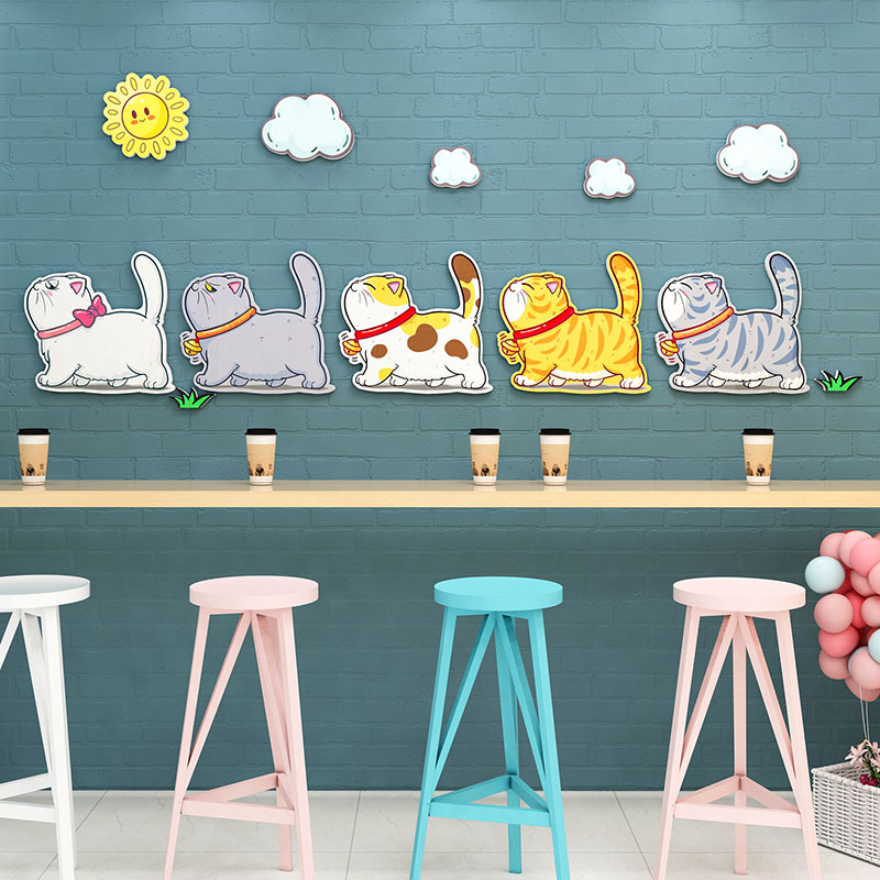 儿童房间墙面装饰画卡通猫咪墙贴纸宠物医院布置奶茶汉堡店3d创意图片